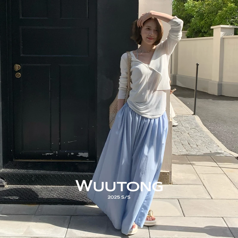 WuuTong【海盐奶蓝套装】休闲风慵懒风时尚套装吊带长裙套装连衣裙