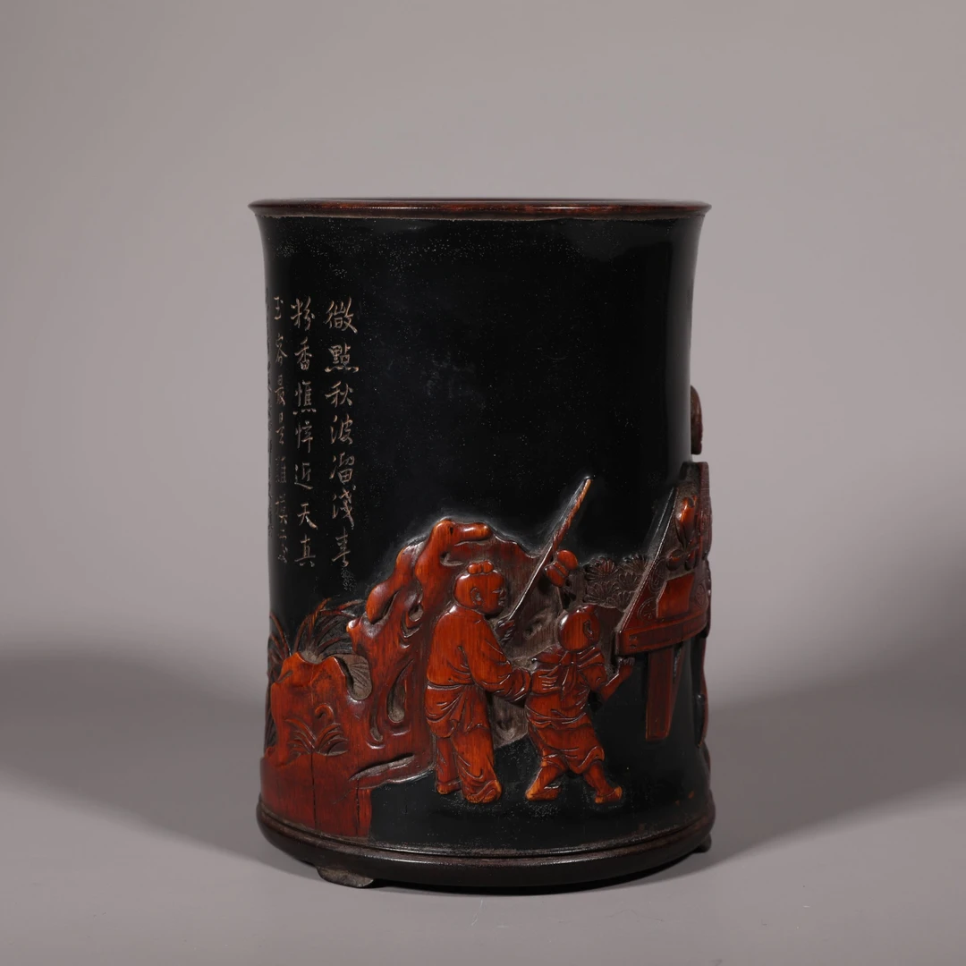 LOT091317 清 竹胎大漆刻美人带子诗文笔筒
