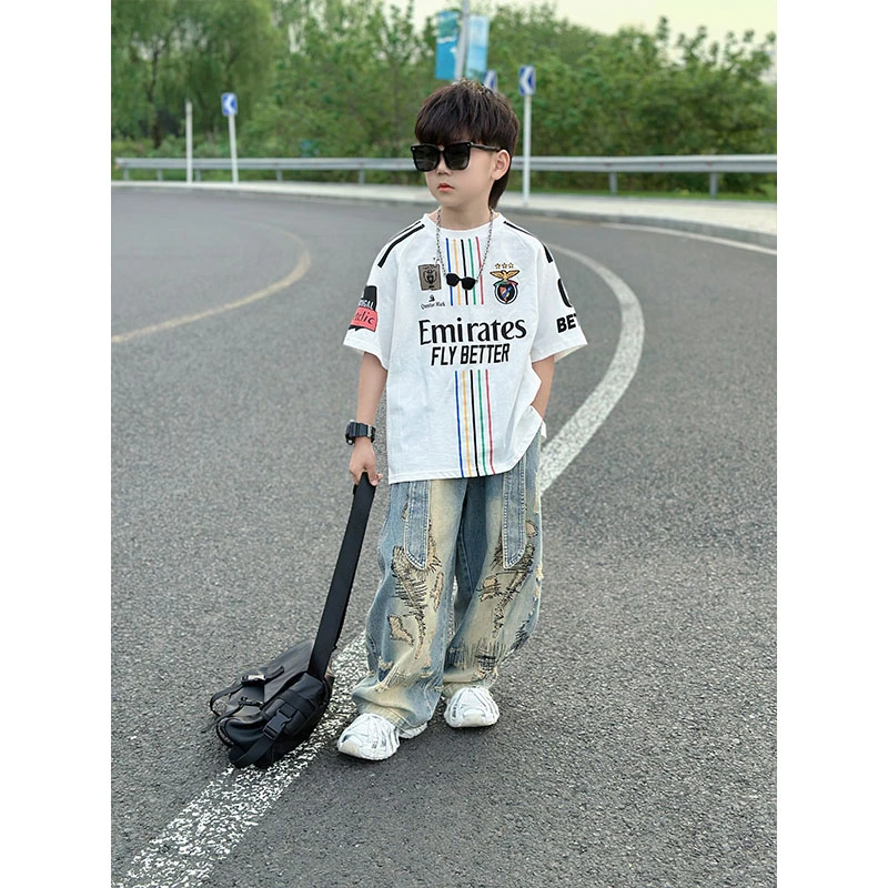 男童美式重磅复古球衣短袖2025新款运动风T恤撞色印花宽松半袖酷