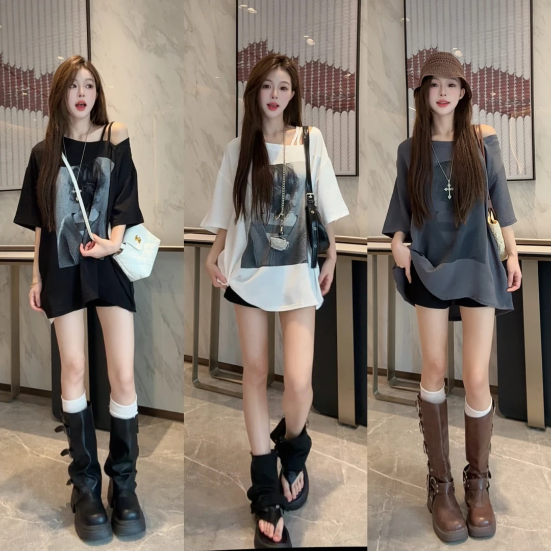 【运费补贴5-8】休闲风人物斜领印花常规拼接T恤小个子宽松设计感