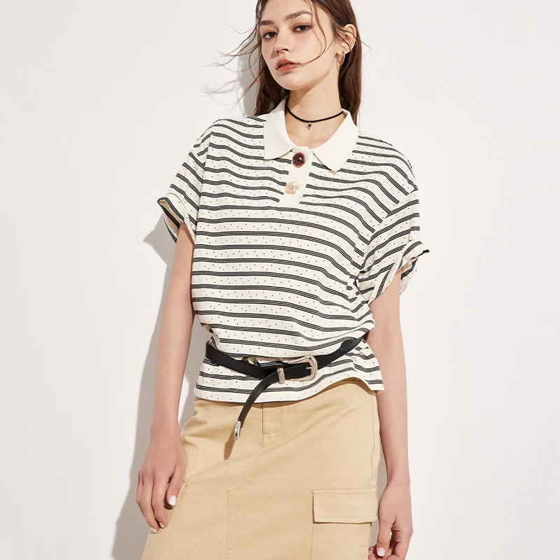 【女装优选WH】百家好韩系撞色条纹polo领短袖T恤女上衣B0015B50382