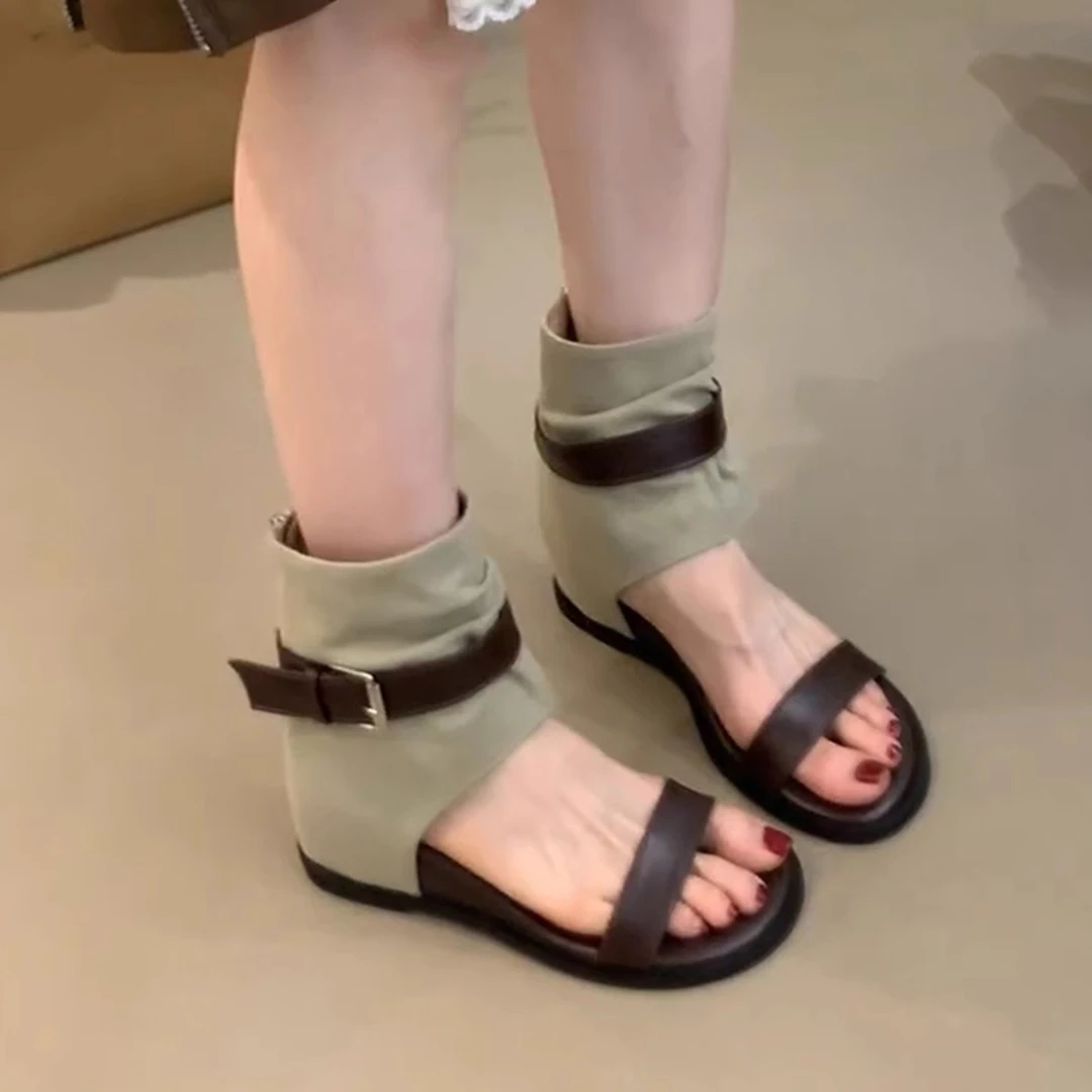 增高版~百搭时尚罗马风露趾凉鞋女复古内增高显瘦皮带扣西部靴夏