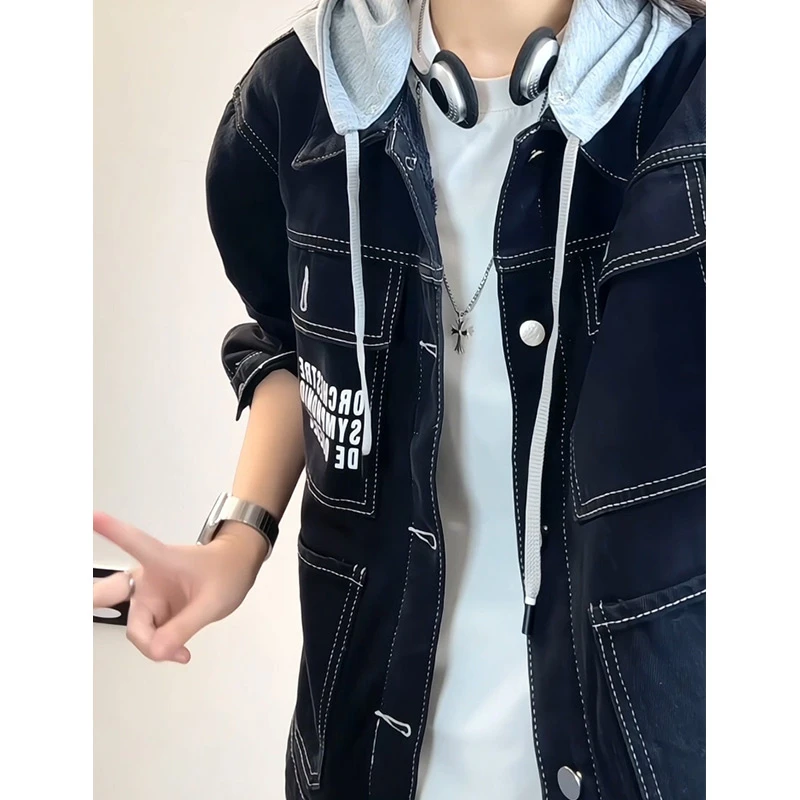 牛仔羊羔毛外套男秋冬款假两件拼接连帽夹克加绒加厚大码牛仔衣服