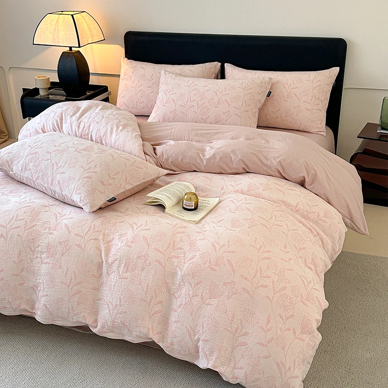 【 新款】A类100%全棉色织水洗三层纱提花被套 纯棉床单四件套柔软g