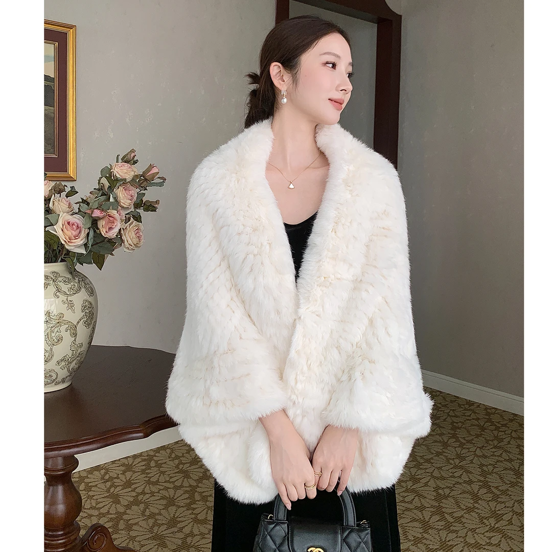 法式优雅皮草披肩真兔毛皮毛一体编织荷叶边女士秋冬保暖晚宴坎肩