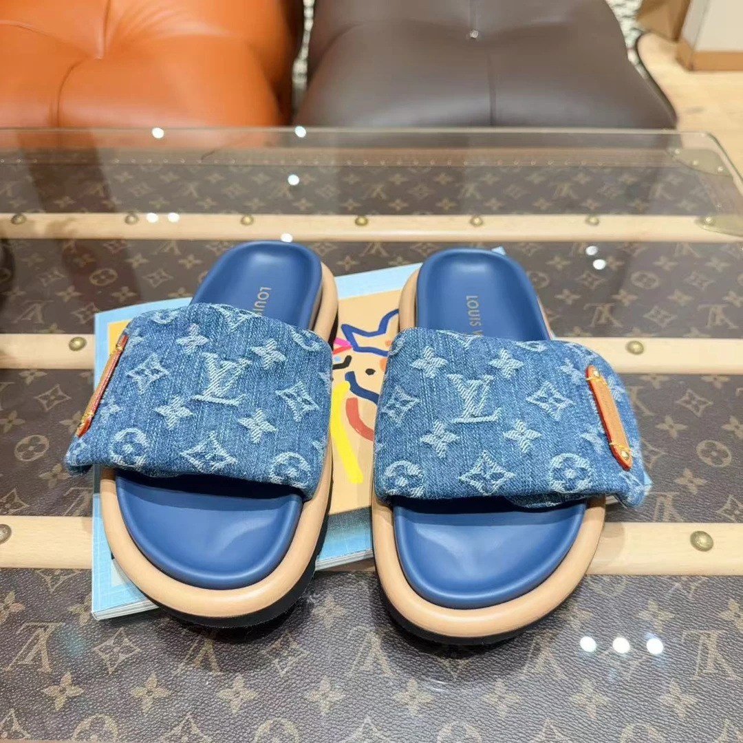 未使用 LouisVuitton/路易威登 24ss蓝色牛仔布满印Logo魔术贴36