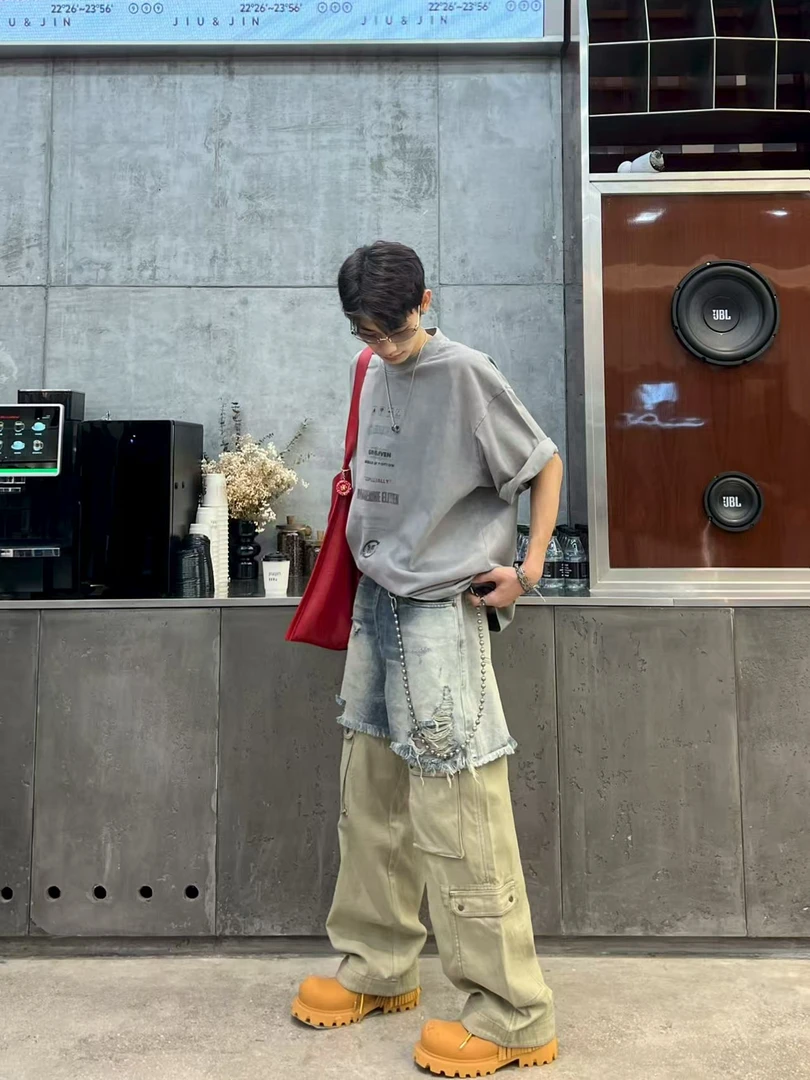 美式街头假两件破洞拼接牛仔裤好看时尚百搭高街男女同款