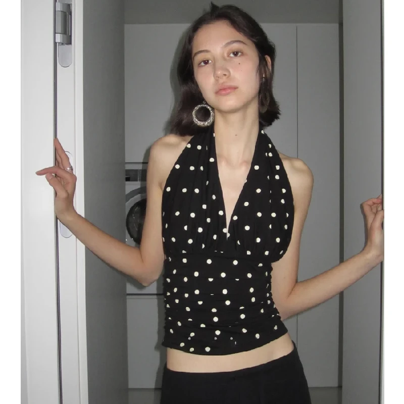 梦优莱波点性感挂脖V领无袖背心吊带女夏季新款修身显瘦百搭上衣