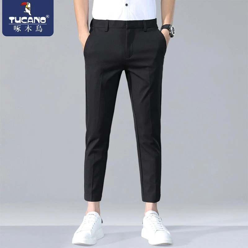 啄木鸟夏季新款休闲裤男修身小脚九分男士裤子垂感显瘦抗皱小西裤