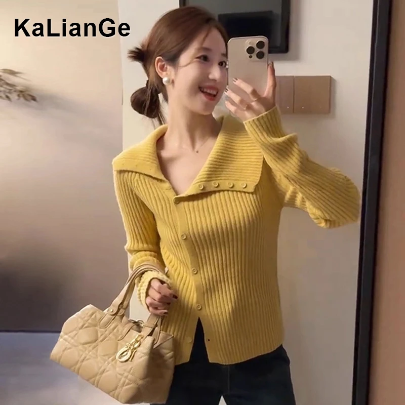 卡莲格/大码女装不规则翻领气质针织开衫秋季显瘦设计感毛衣外套