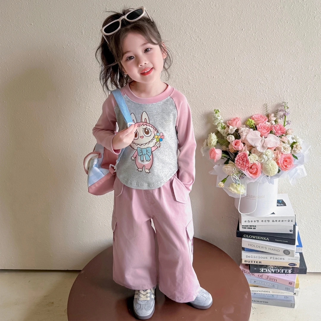 女童秋季套装2025新款儿童工装裤休闲时髦卡通两件套小女孩春秋装