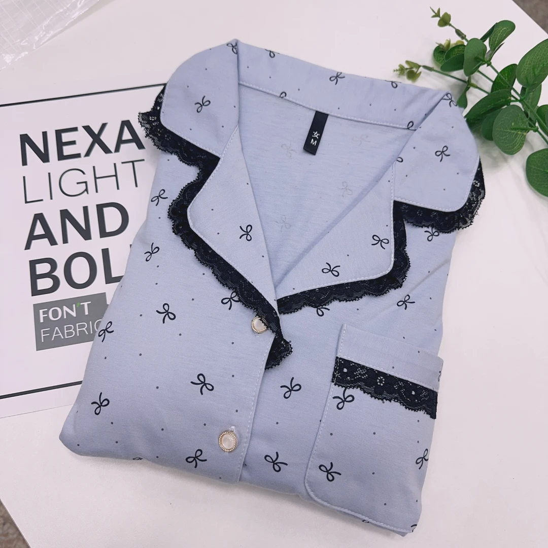 150#【纯棉长袖长裤】春秋气质款波点蝴蝶结女士睡衣胸垫套装家居服