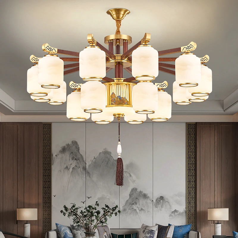 轻奢中式吊灯新高档大气客厅灯铜加实木千里江山雅韵大吊灯新中式