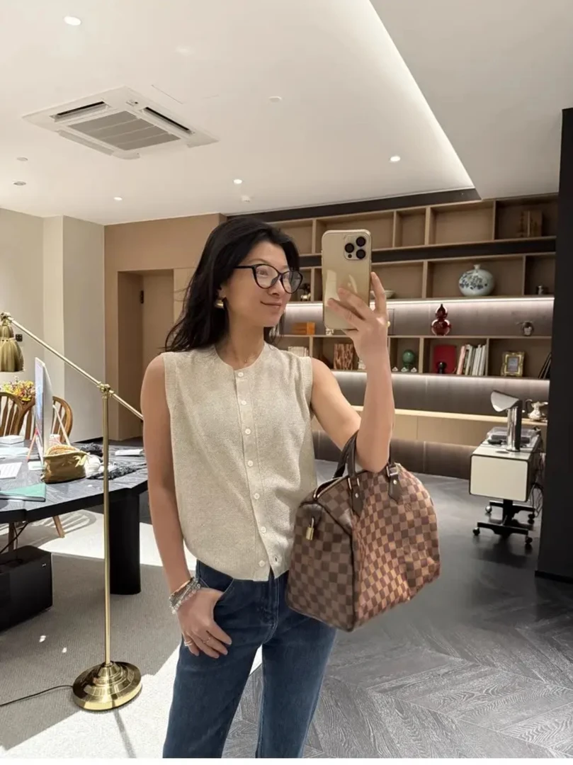 亚麻莱赛尔春夏老钱无袖单排扣针织马甲女装上衣88102