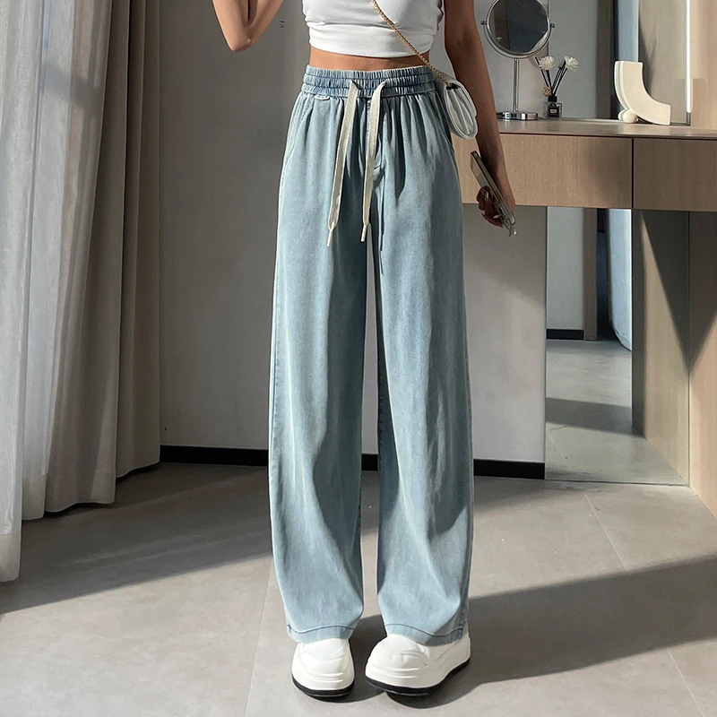 渐变色牛仔阔腿裤女夏薄款高腰百搭时尚水洗复古做旧抽绳直筒长裤