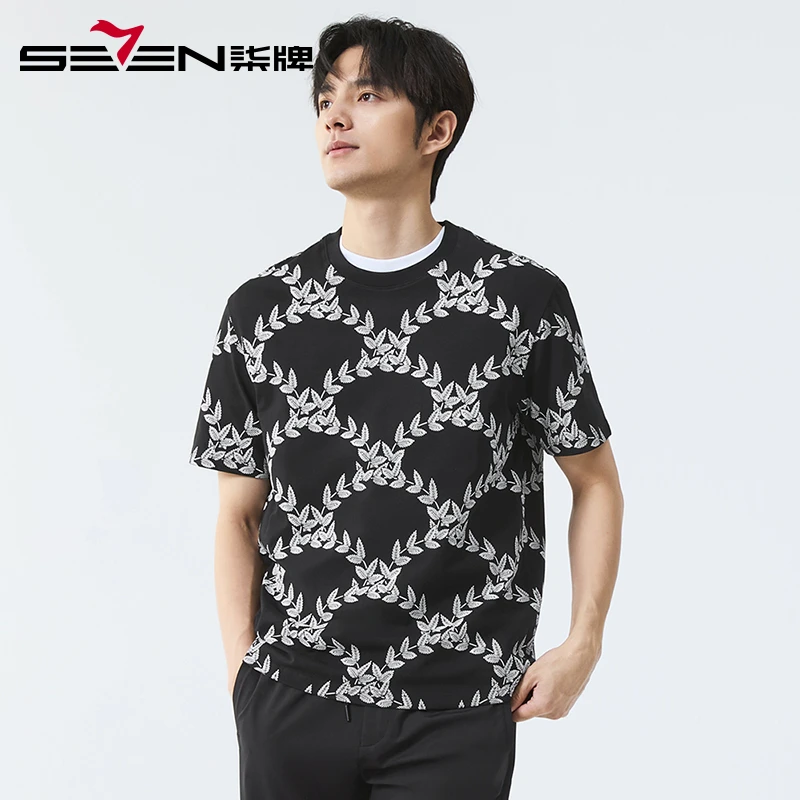 【落肩版型】柒牌时尚印花短袖T恤男 2025夏季新款宽松圆领弹力上衣