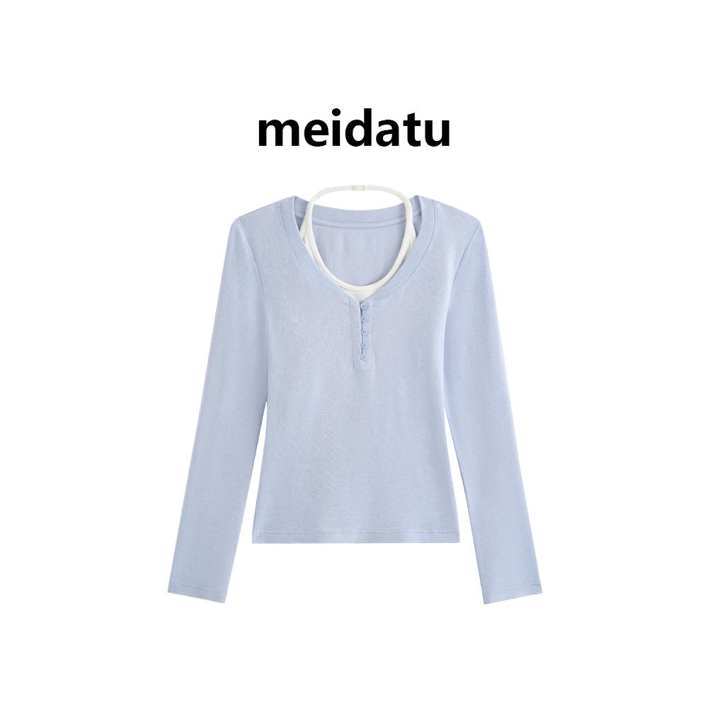 美哒兔（破价款）韩系拼色假两件挂脖吊带上衣（小个子版）BK3783-25