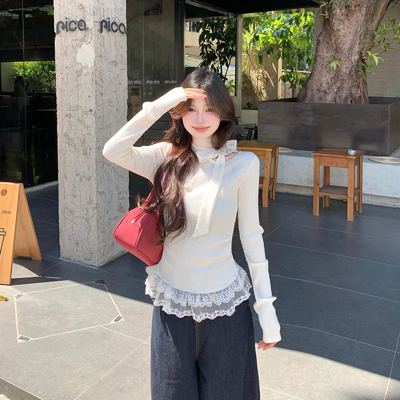 韩系蝴蝶结绑带白色长袖女秋冬装设计感内搭蕾丝拼接打底衫上衣潮
