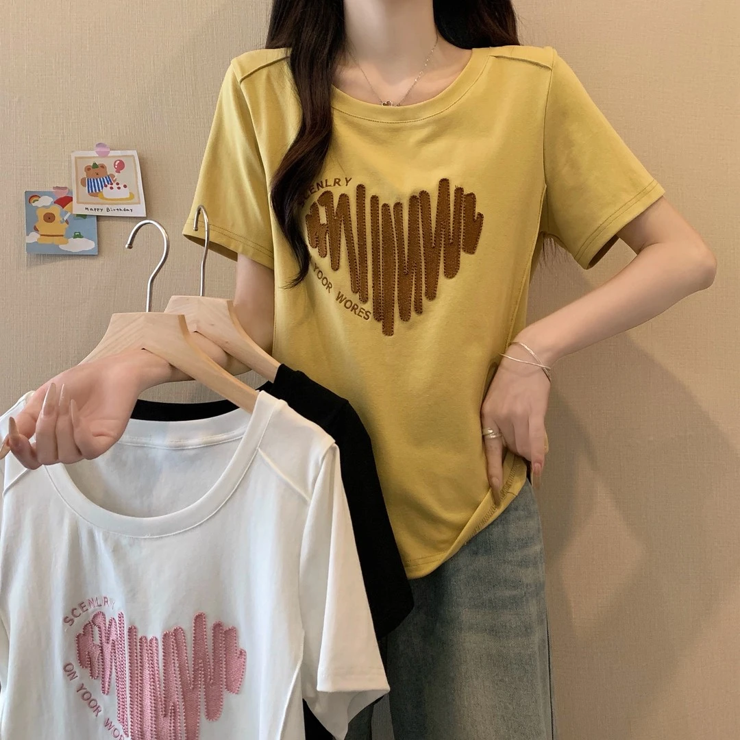 2025夏季新款大码女装 重工绣花短袖宽松T恤