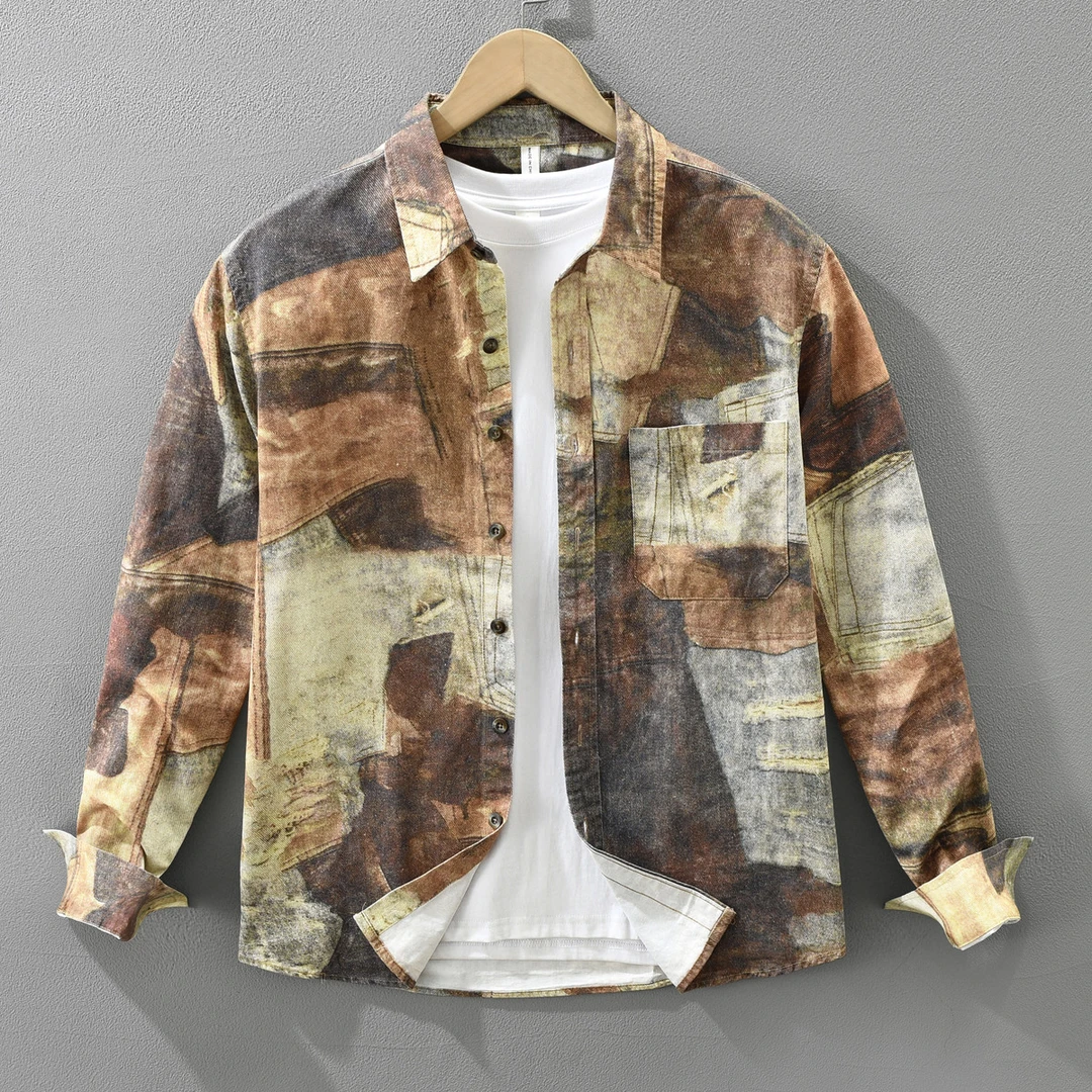 个性复古印花长袖衬衫男装秋季时尚衬衣外套潮牌学生帅气上衣服