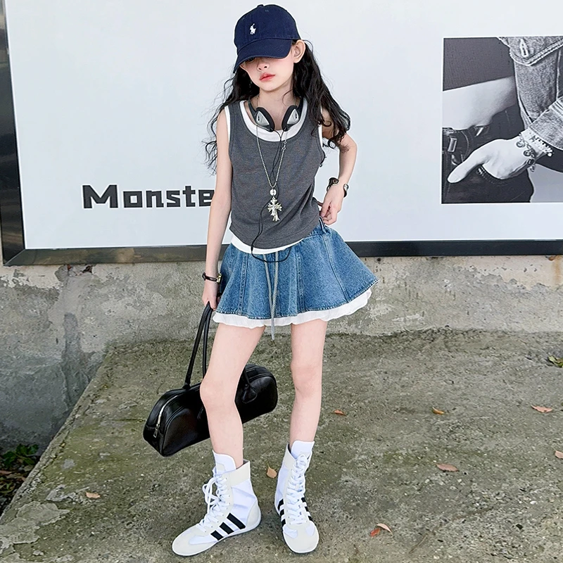 女童夏季时尚套装牛仔半身裙洋气背心两件套女孩大童短裙潮流百搭