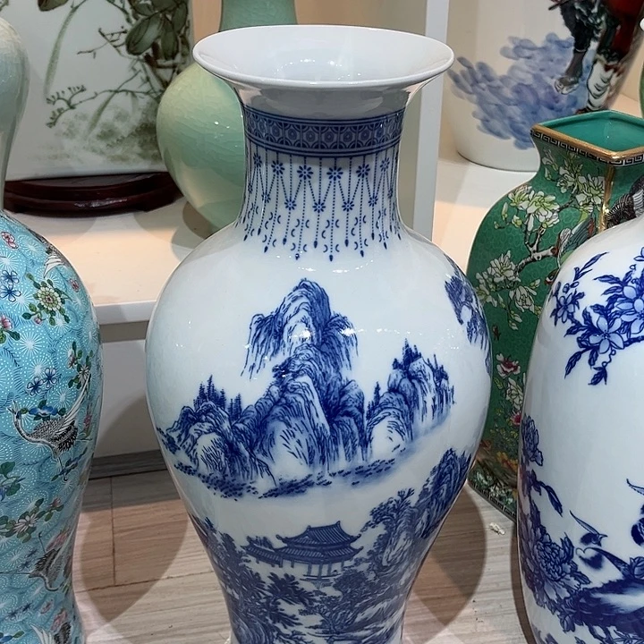 Q***R摆件两个45cm青花山水鱼尾瓶不带底座