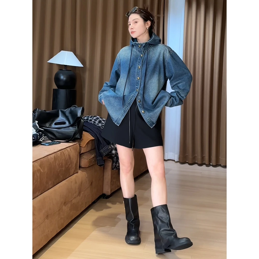 1337-蓝色立领抽绳连帽衫牛仔外套女小众设计简约百搭上衣