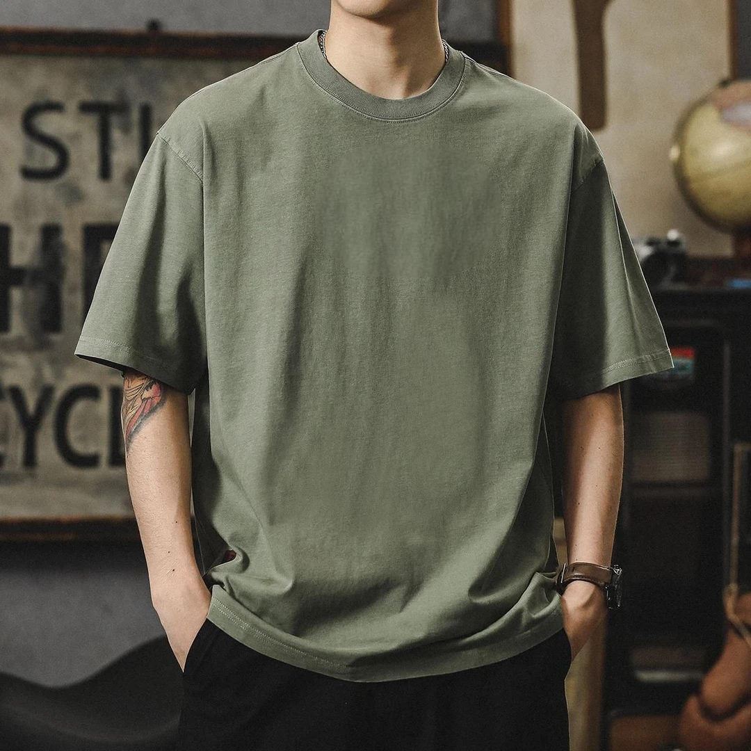250克美式新款水洗做旧男士t恤夏季重磅纯棉体恤纯色宽松潮牌夏装