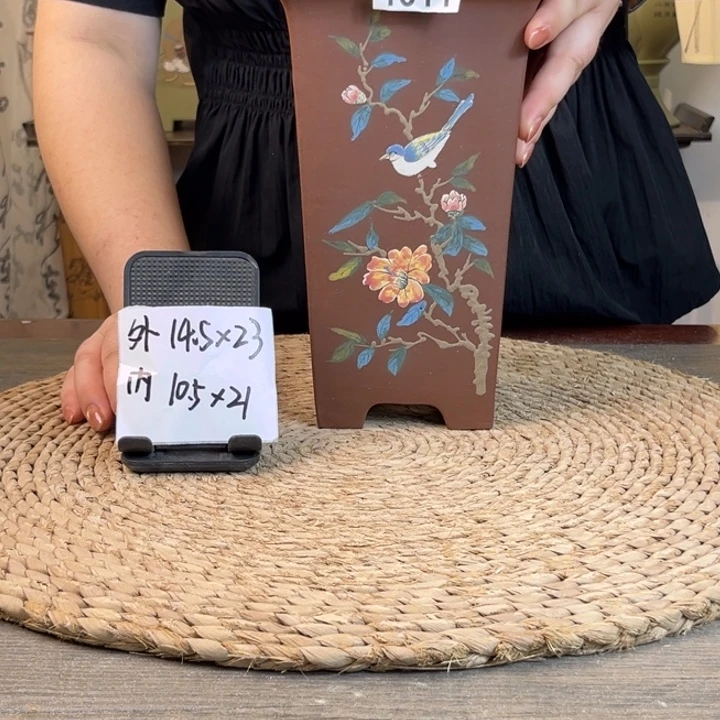 紫砂花盆紫泥手绘斗签筒1311