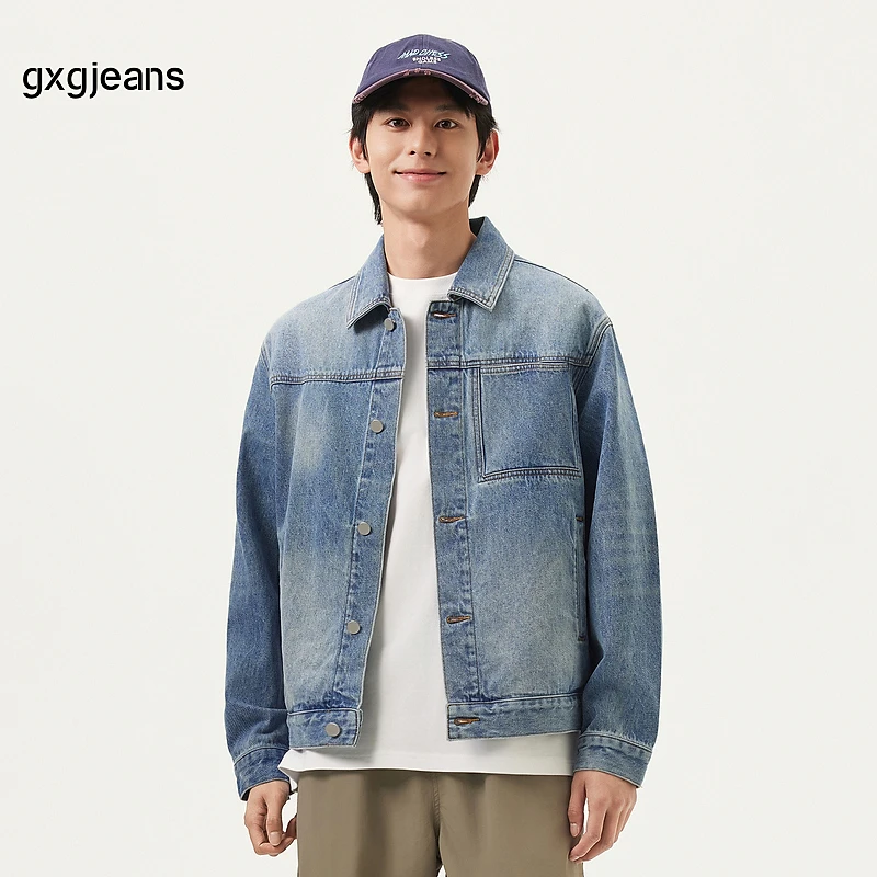 gxg jeans男装 蓝色复古翻领牛仔夹克外套男25春新品#J25DE81004