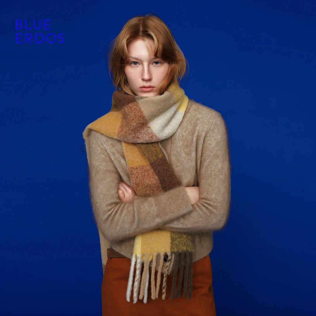 BLUE ERDOS 25秋冬新品休闲百搭拼接色格纹流苏围巾B256S1013