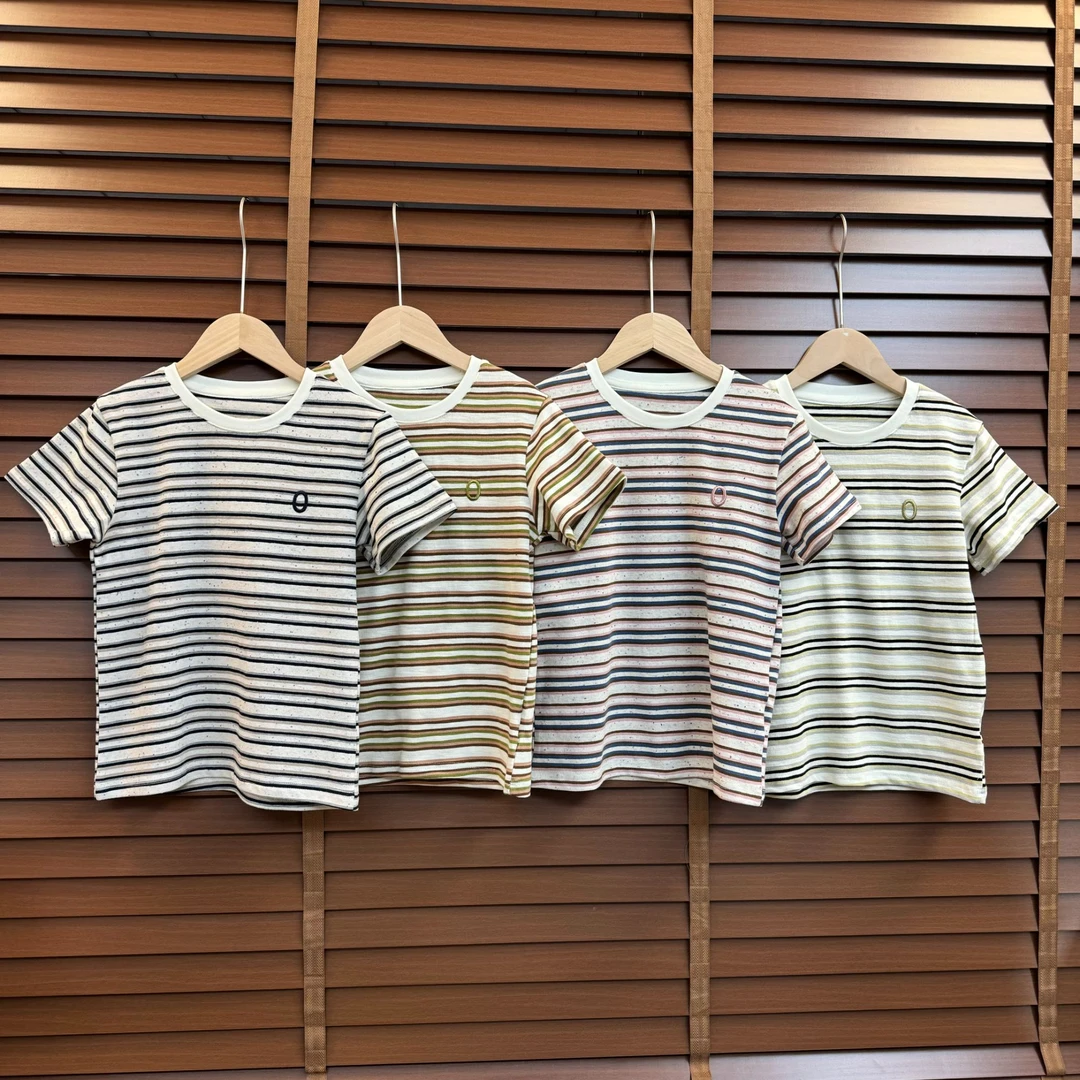 2025夏款撞色拼接条纹短袖T恤