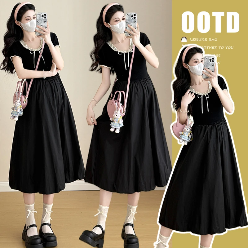 时髦孕妇装新款2025夏季法式赫本风黑色显瘦气质小个子蓬蓬花苞裙