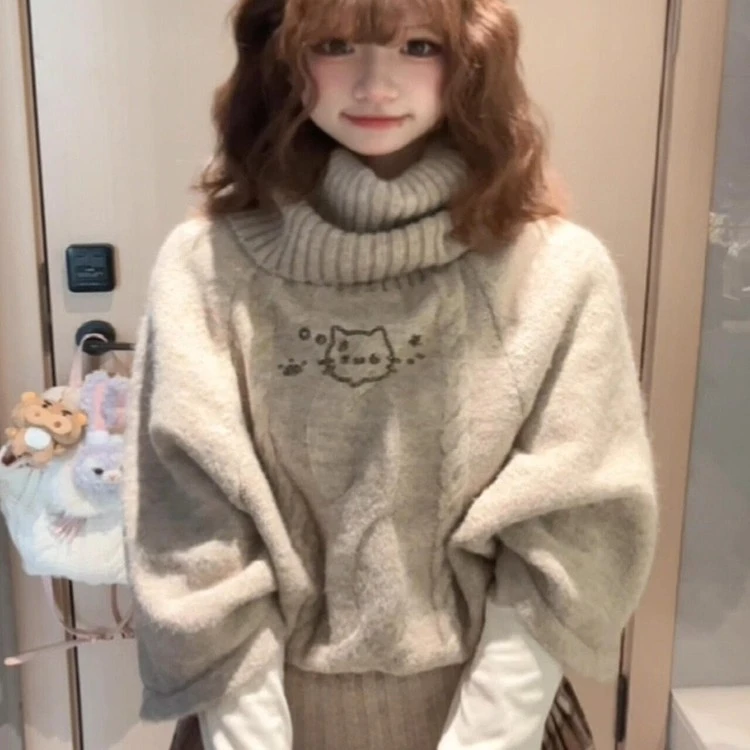 超好看冬装高领刺绣蝙蝠袖毛衣女秋冬宽松慵懒高级感软糯针织上衣