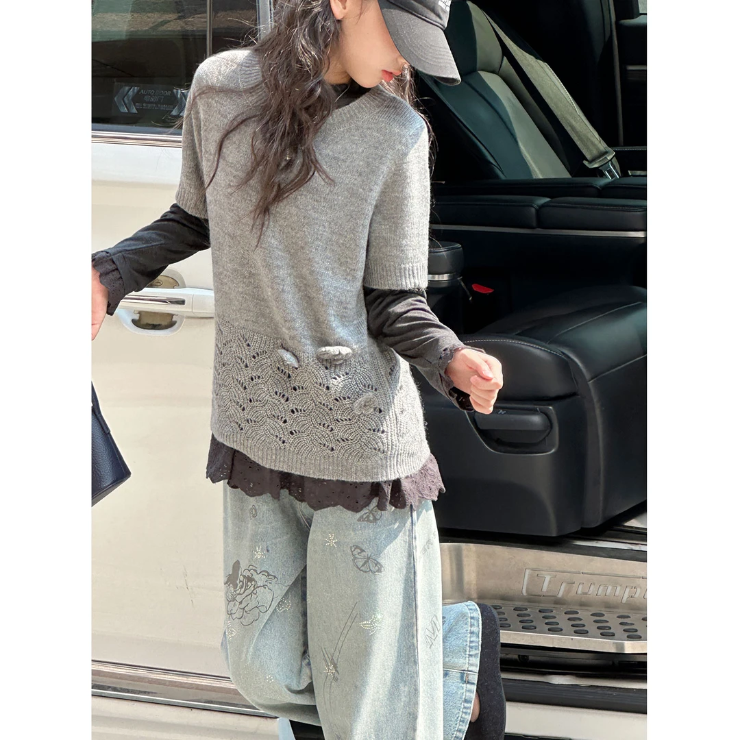 K29873镂空叠穿女童短袖毛衣2025秋新款儿童针织衣百搭大童打底衫