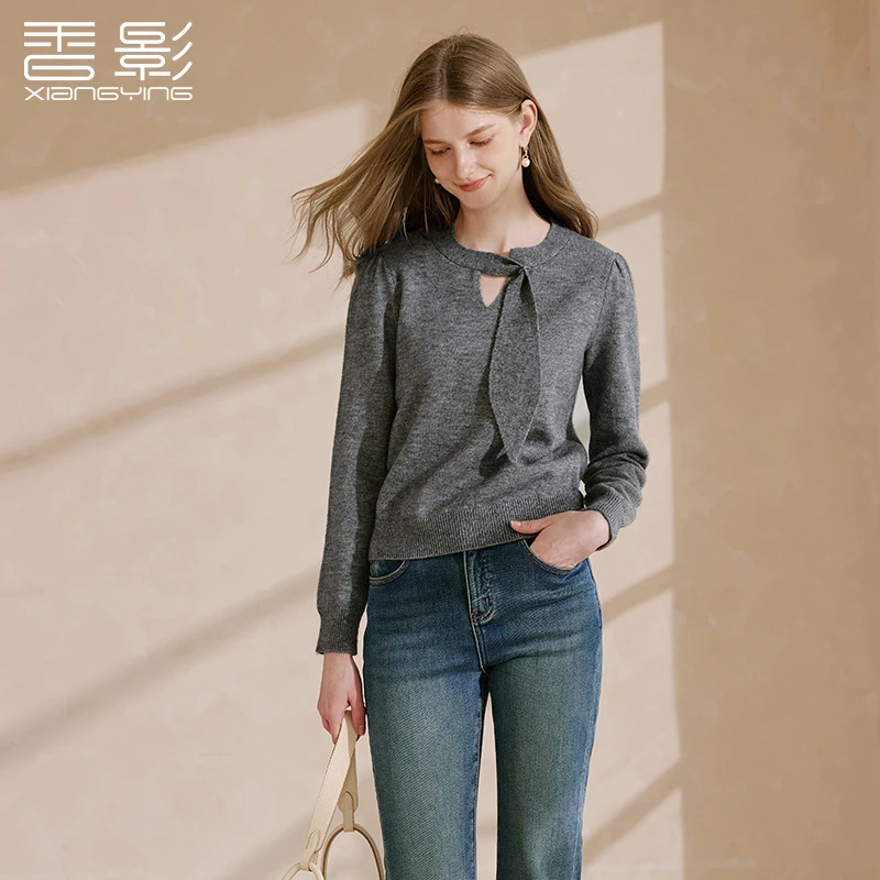 小春子专属M75W558针织衫香影灰色镂空针织衫女冬季新款高智感