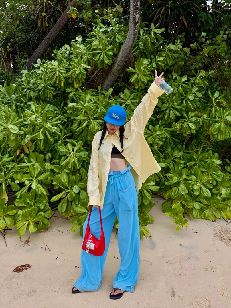 ANDREA MARTIN夏季新款休闲裤显瘦纯色松紧腰阔腿裤抽褶皱皱裤