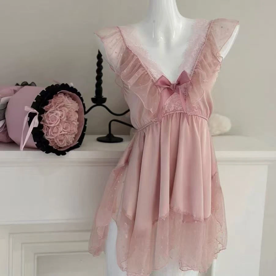 新款气质纯欲V领花边拼接睡裙蕾丝显瘦睡衣80-140斤