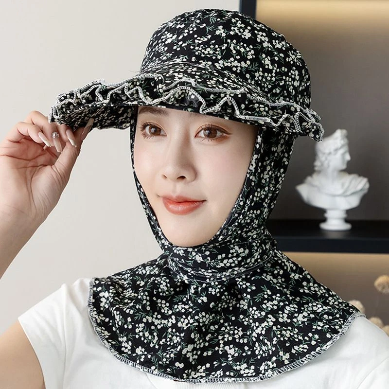 新款采茶帽木耳花边防晒帽骑车防风遮阳帽子下地干活护脸护颈男女