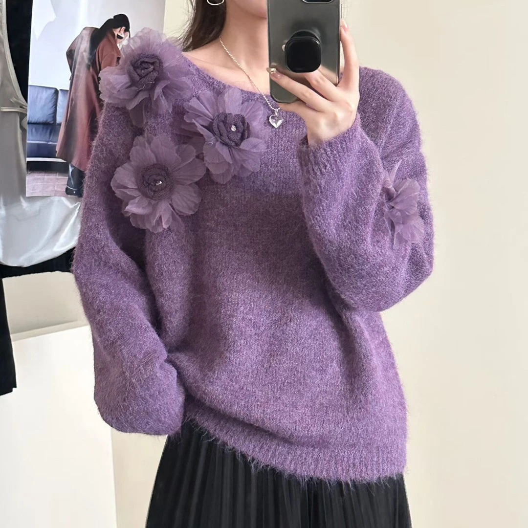 【 大花朵薰衣草 】羊驼绒法式气质甜美超仙立体花朵毛衣宽松针织衫