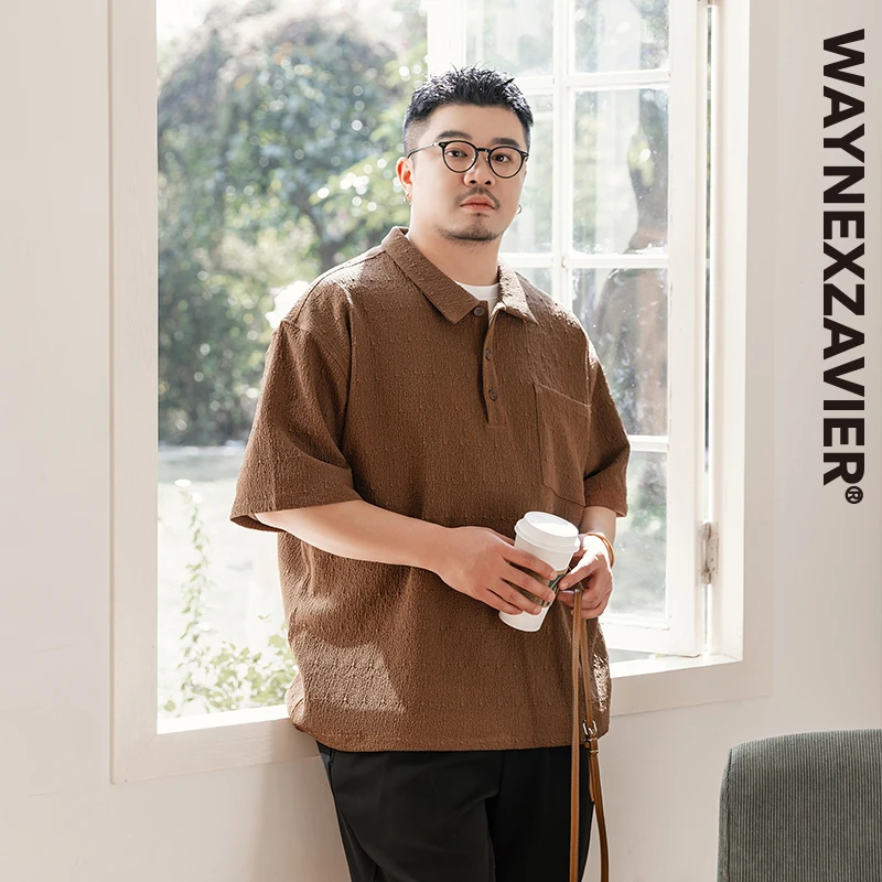 韦恩泽维尔大码加肥加大翻领压褶肌理宽松商务休闲POLO衫男9147