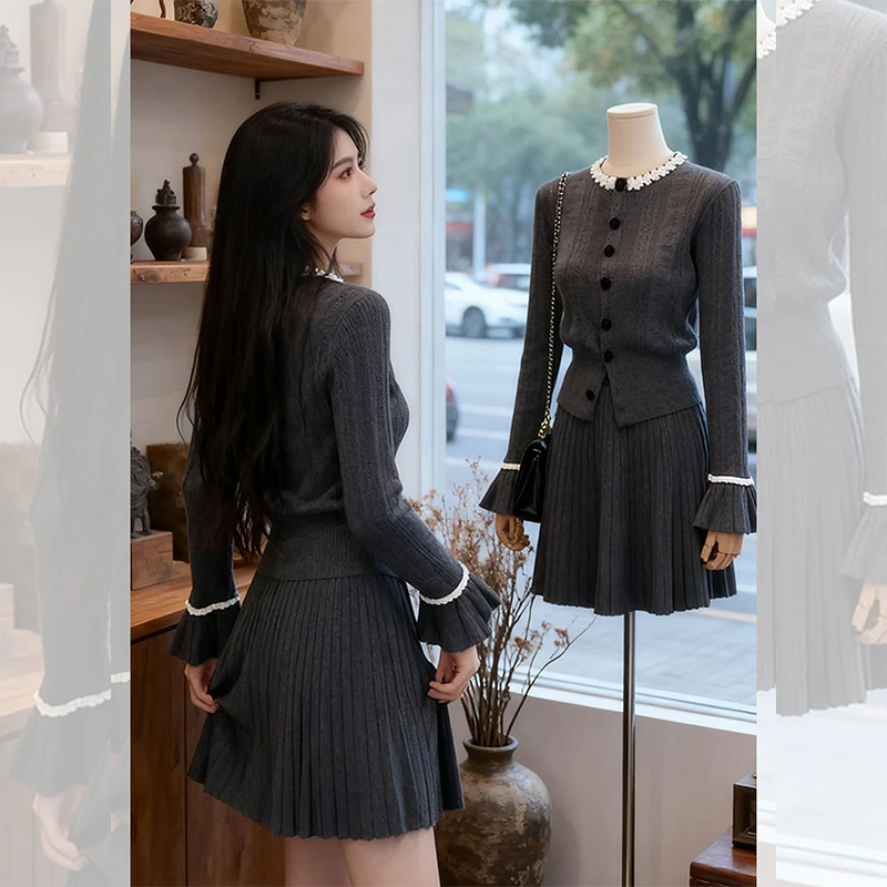 秋冬季炸街一整套女装洋气穿搭衣服炸街灰色针织开衫短裙两件套装