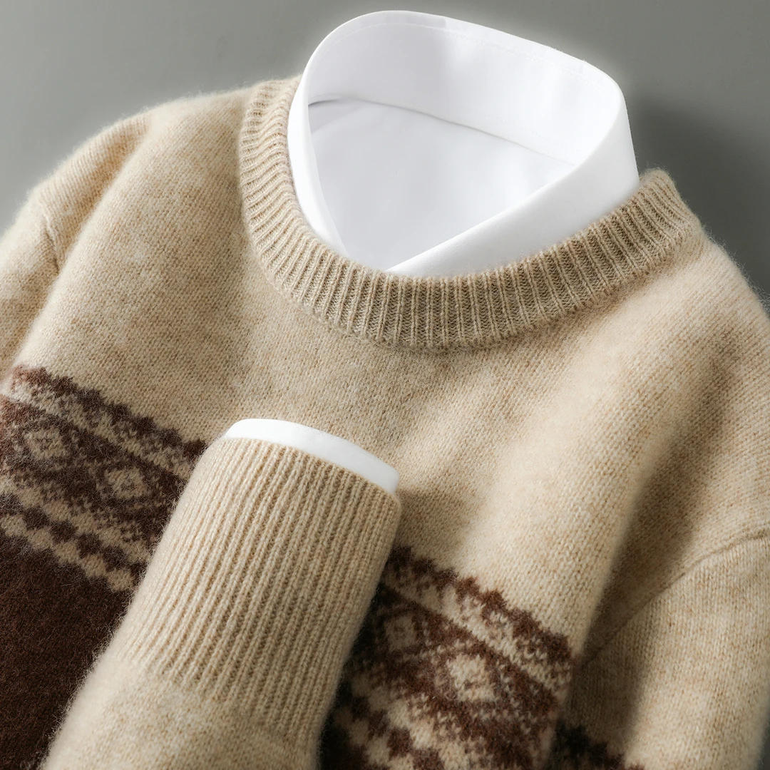 秋冬新款羊毛衫男士圆领拼色提花休闲套头毛衣宽松商务保暖打底衫