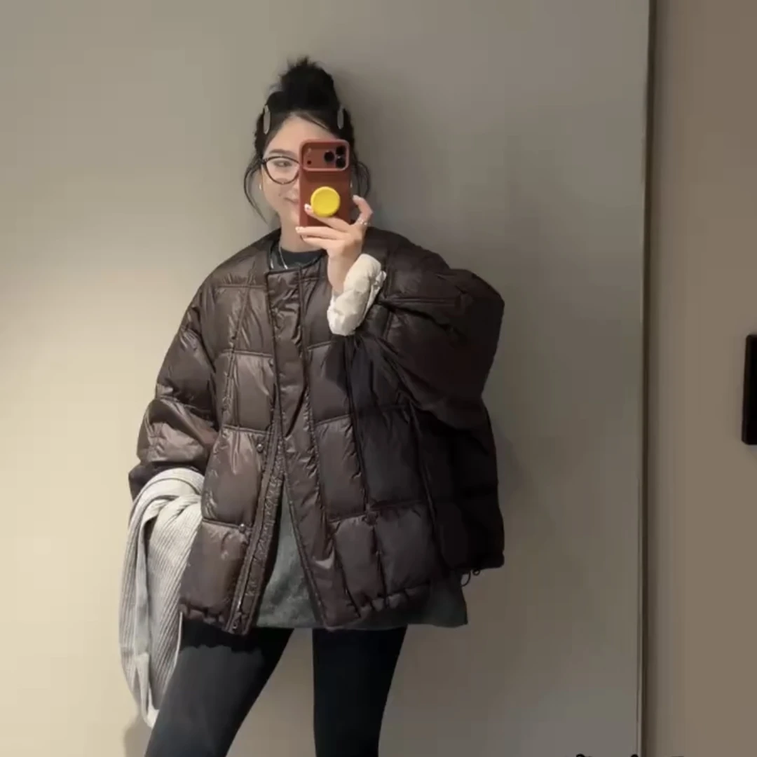 HGZ9671冬季韩版时尚潮流宽松休闲大码无领白鸭绒羽绒服女