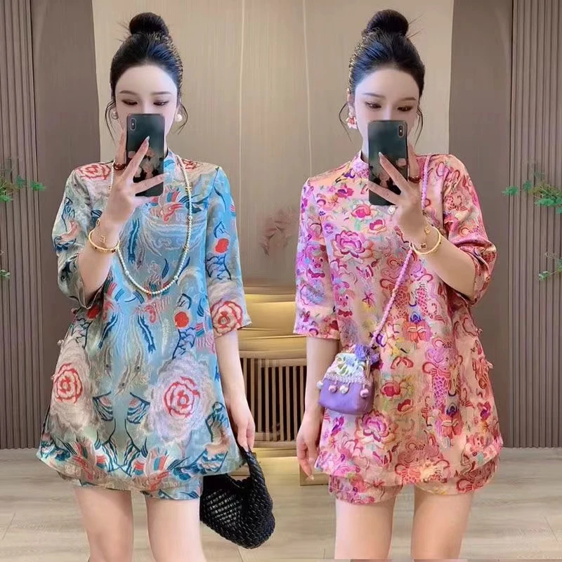 高级感气质时髦套装夏季复古民族服唐装新中式盘扣碎花印花两件套