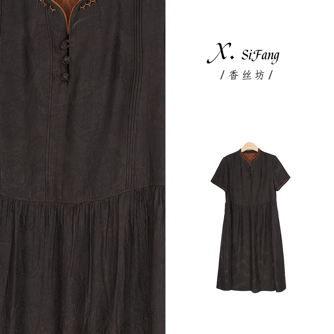 新中式国风小玫瑰冠乐绉领口出芽半袖连衣裙LYFLQ1392