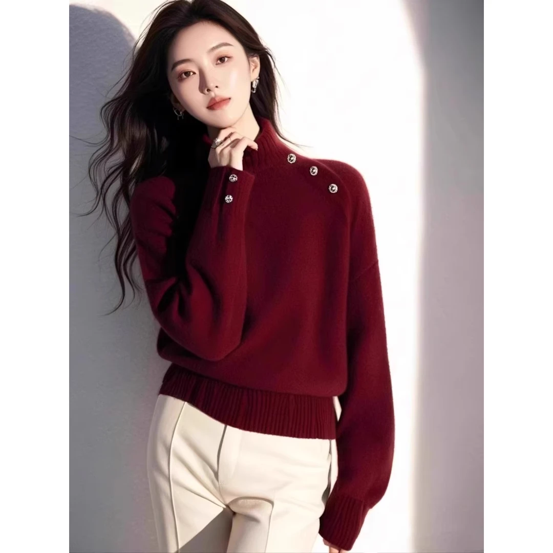 氛围感休闲新年红半高领毛衣女秋冬新款休闲显瘦复古内搭针织上衣