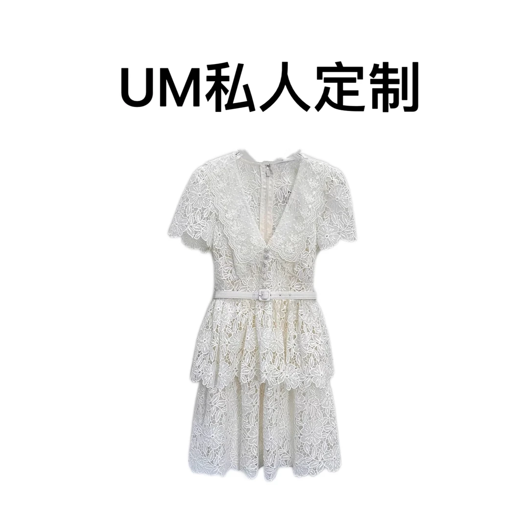 【UM定制】春夏象牙白短袖翻领千金风蕾丝收腰显瘦连衣裙女款