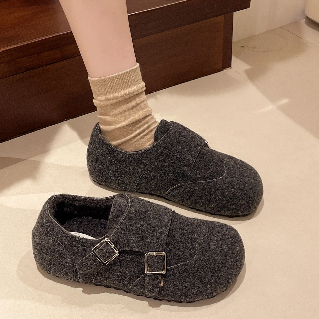 全包灰色毛呢勃肯鞋女2025新款爆款冬季加绒保暖一脚蹬博肯棉鞋子