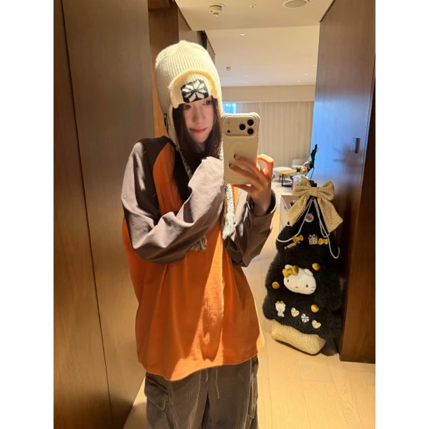 【THE CWF】纯棉双纱磨毛多彩拼色插肩长袖拼色T284